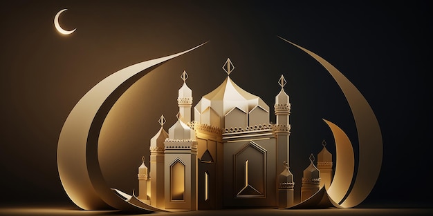 Illustration générée par ai carte de voeux festive pour le mois sacré musulman Ramadan Kareem avec mosquée et croissant