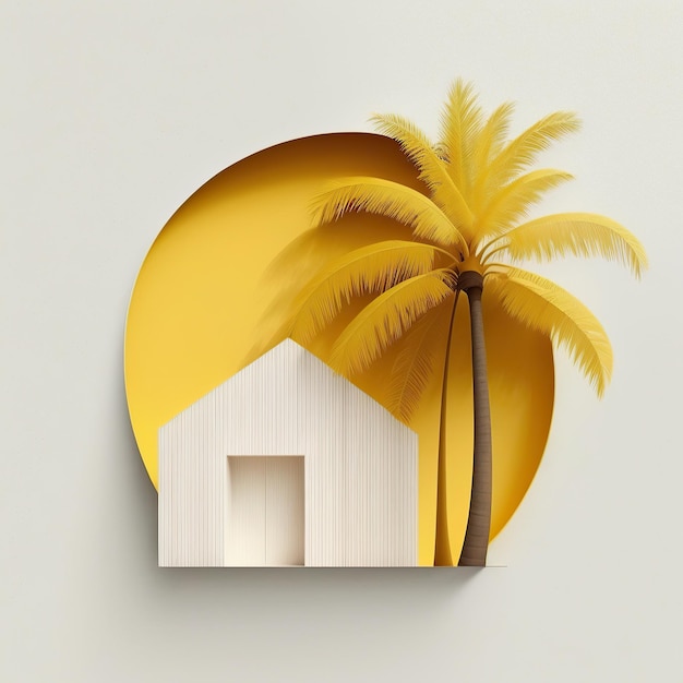 Illustration générée par ai d'une maison tropicale malaise en bois avec palmier et scescent