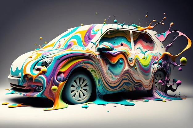 Illustration générée par ai d'une voiture recouverte de peinture colorée splah