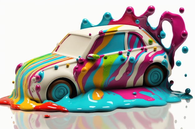 Photo illustration générée par ai d'une voiture recouverte de peinture colorée splah