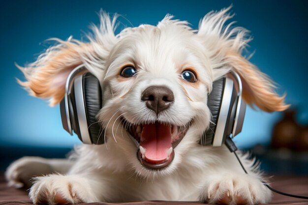 Photo une illustration générée par l'ia d'un adorable chien portant des écouteurs souriant joyeusement