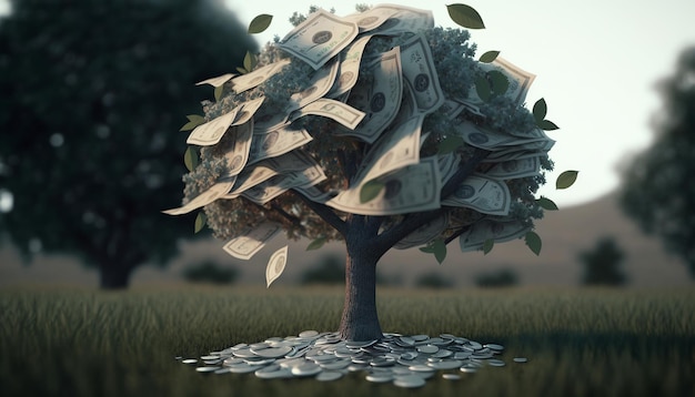 Illustration générée par IA Arbre d'argent avec des dollars au lieu de feuilles