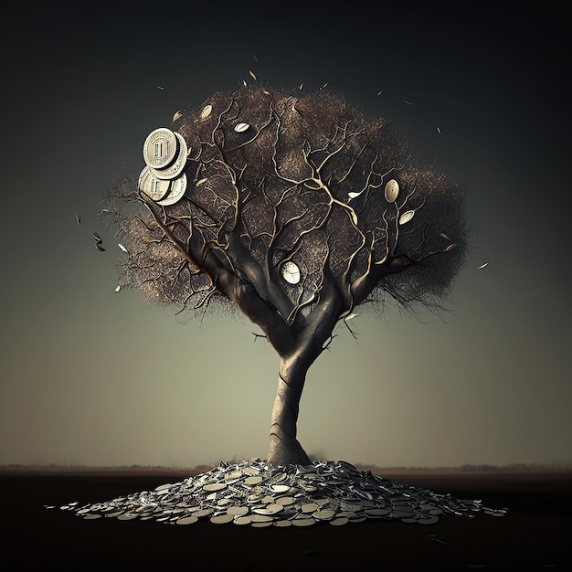 Illustration générée par IA Arbre d'argent avec des dollars au lieu de feuilles