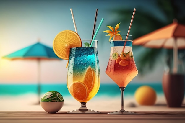 Illustration générée par IA Assortiment de cocktails sur fond tropical