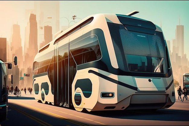 Une illustration générée par l'IA d'un bus futuriste sur la route.