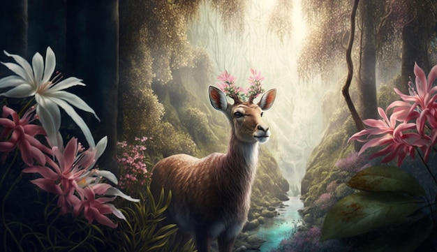 Illustration générée par l'IA d'un cerf majestueux dans une zone boisée, avec une couronne de fleurs vibrante