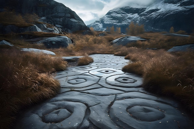 Illustration générée par l'IA d'un chemin à travers un champ herbeux luxuriant