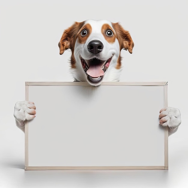 Illustration générée par IA d'un chien animal souriant heureux tenant une plaque vierge