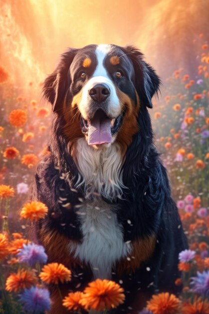 Une illustration générée par l'IA d'un chien de montagne bernois assis parmi une étonnante variété de fleurs sauvages