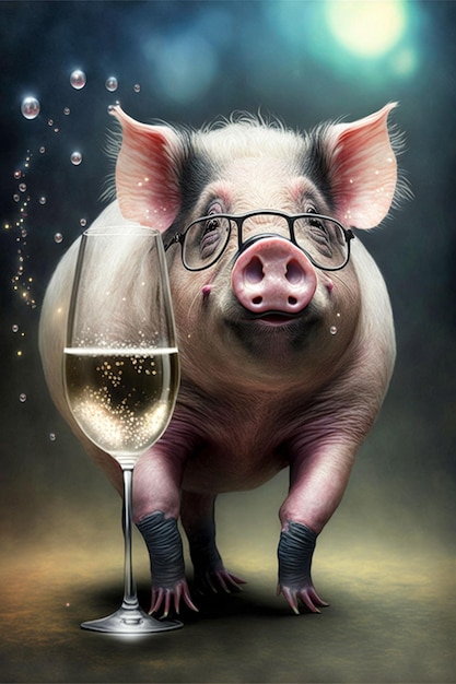 Illustration générée par IA d'un cochon dans des verres portant un toast au champagne