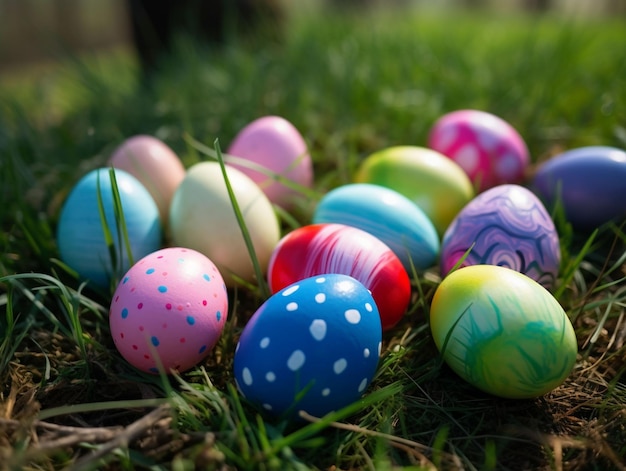 Illustration générée par l'IA d'une collection vibrante d'œufs de Pâques pondus sur un lit d'herbe verte.
