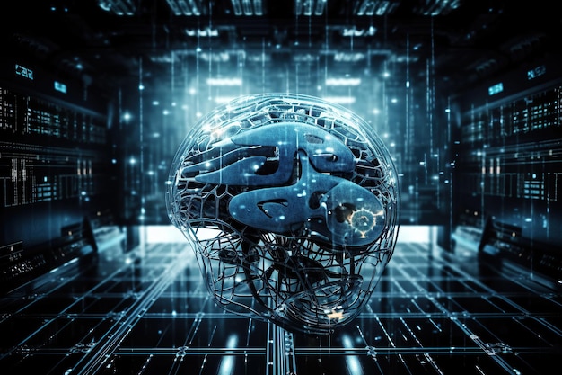 Illustration générée par IA Contour du cerveau humain avec sur fond bleu