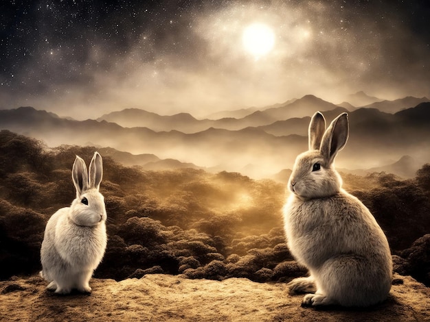 Illustration générée par l'IA de deux lapins debout sur un champ rocheux avec des montagnes en arrière-plan