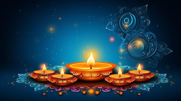 Une illustration générée par l'IA d'une Diwali festive de bougies colorées sur un fond bleu