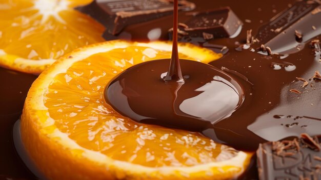 Photo l'illustration générée par l'ia du chocolat en cascade sur une orange divisée en deux