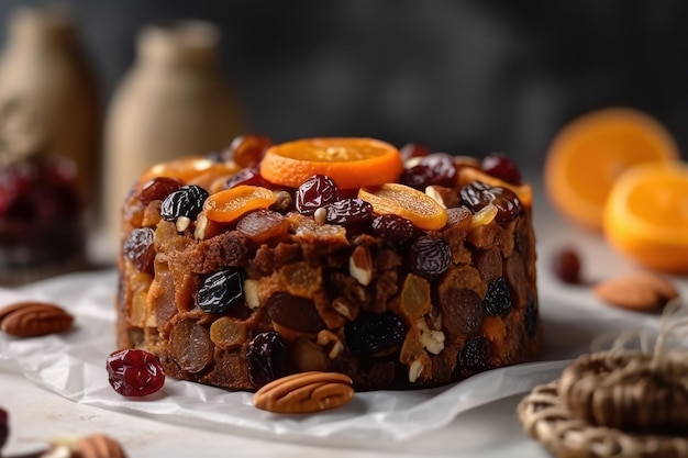 Illustration générée par l'IA d'un gâteau garni de baies fraîches et de morceaux de noix croquants