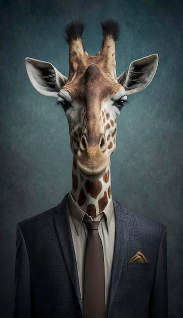 Illustration générée par l'IA d'une girafe en costume