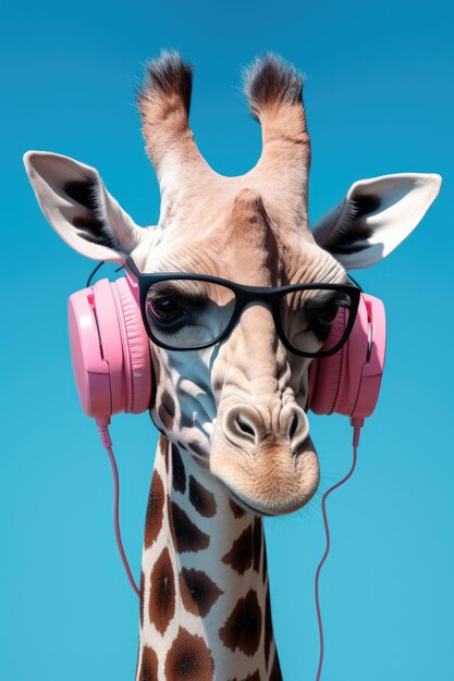 Photo une illustration générée par l'ia d'une girafe portant des écouteurs et des lunettes de soleil sur un fond bleu