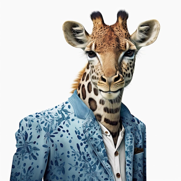 Illustration générée par IA d'une girafe portant une veste de designer