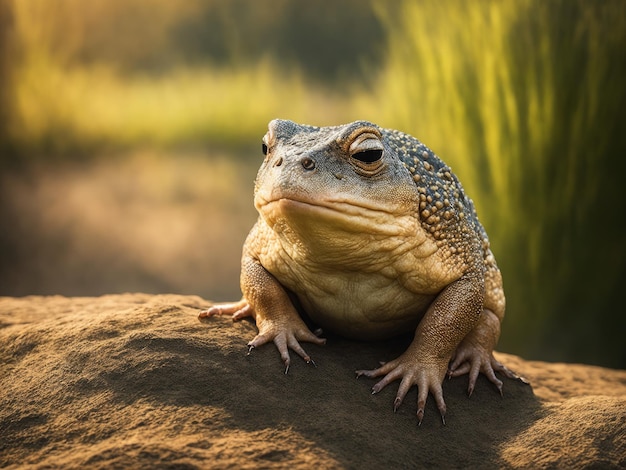 Illustration générée par l'IA d'un gros plan d'une grenouille perchée au sommet d'un rocher, regardant la caméra