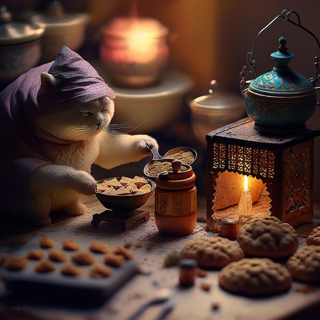 Illustration générée par IA d'une image surréaliste d'un chat cuisant des biscuits