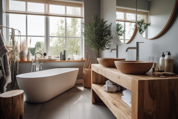 Illustration générée par l'IA d'un intérieur de salle de bain contemporain comprenant un lavabo, un grand miroir mural et une baignoire