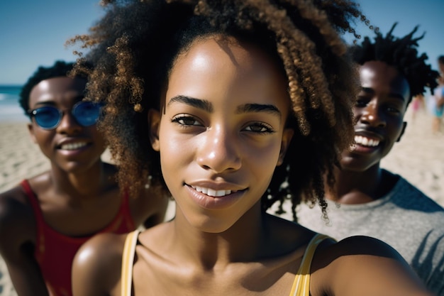 Illustration générée par l'IA d'un jeune groupe d'amis profitant d'une journée ensoleillée à la plage