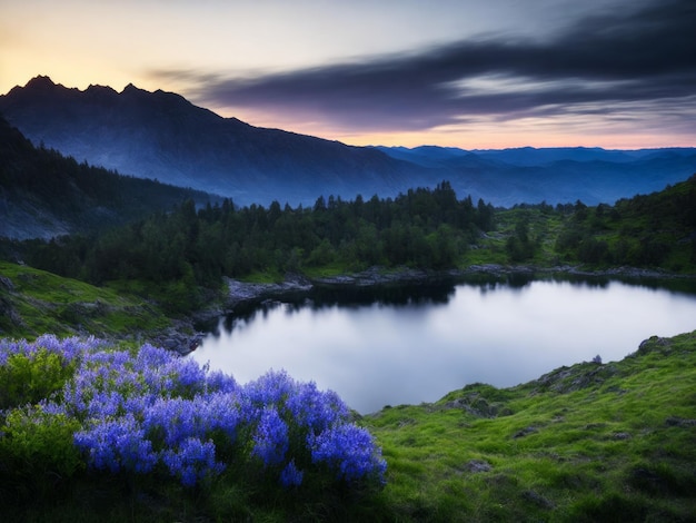 Illustration générée par l'IA d'un lac idyllique entouré d'herbe verte luxuriante et de fleurs sauvages.