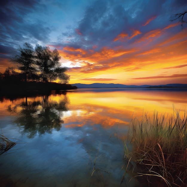 Photo une illustration générée par l'ia d'un lac tranquille avec les teintes dorées du soleil couchant reflétées sur sa surface