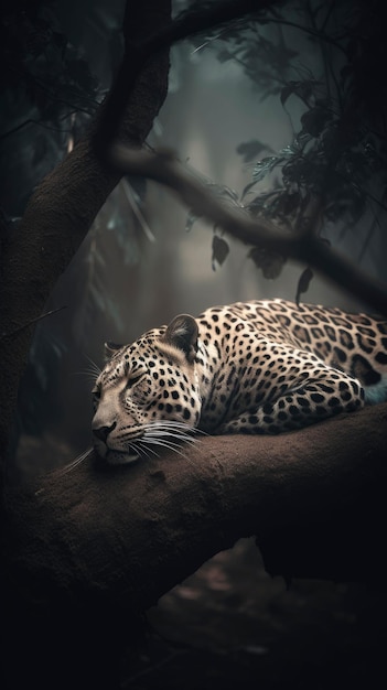 Illustration générée par l'IA d'un léopard majestueux, reposant sur une branche d'arbre dans une forêt luxuriante