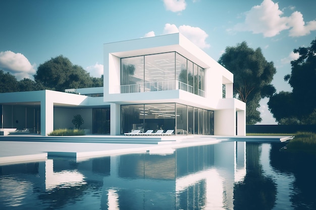 Illustration générée par l'IA d'une maison moderne avec une piscine extérieure