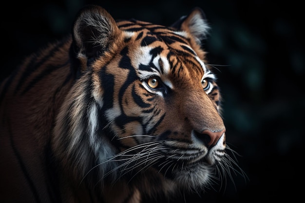 Une illustration générée par l'IA d'un majestueux tigre orange sur un fond noir