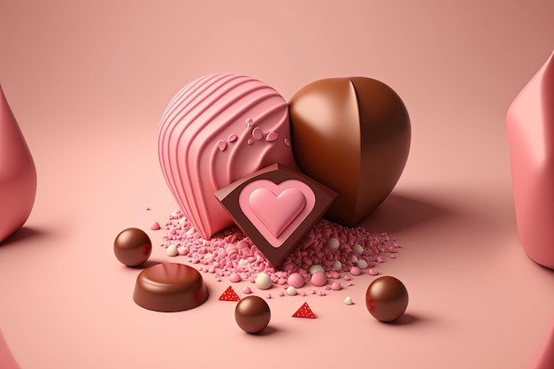 Illustration générée par l'IA de morceaux de bonbons au chocolat rose isolés sur un fond rose pastel