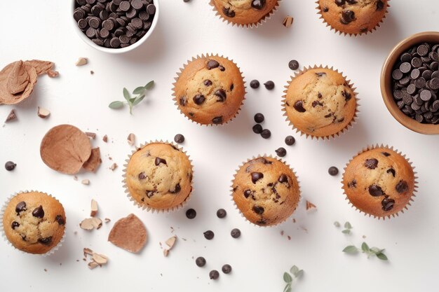 Illustration générée par l'IA de muffins aux pépites de chocolat fraîchement sortis du four sur fond blanc