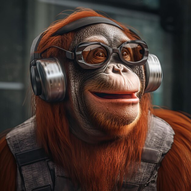 Photo illustration générée par ia d'un orang-outan avec un casque et des lunettes