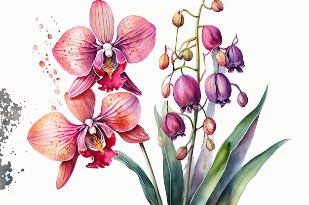 Illustration générée par l'IA d'orchidées roses aquarelles isolées sur un fond blanc - concept floral