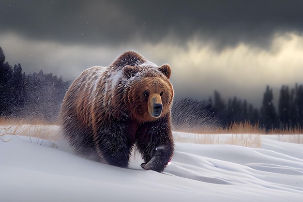 Illustration générée par IA d'un ours grizzly marchant pendant une tempête de neige