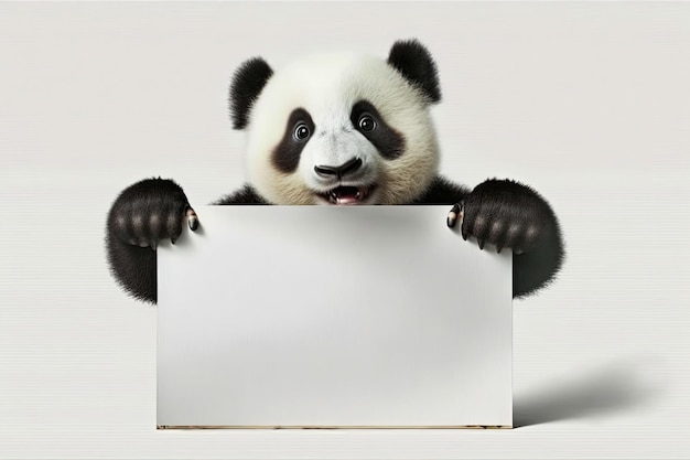 Illustration générée par IA d'un panda anima souriant heureux tenant une plaque vierge