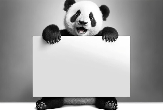 Illustration générée par IA d'un panda anima souriant heureux tenant une plaque vierge