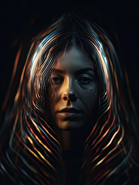 Illustration générée par l'IA d'un portrait d'une jeune femme dans l'obscurité avec des effets de lumière.