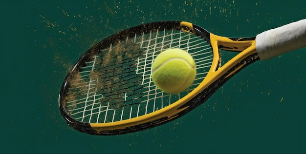 Illustration générée par l'IA d'une raquette de tennis en plein élan, frappant une balle de tennis en l'air