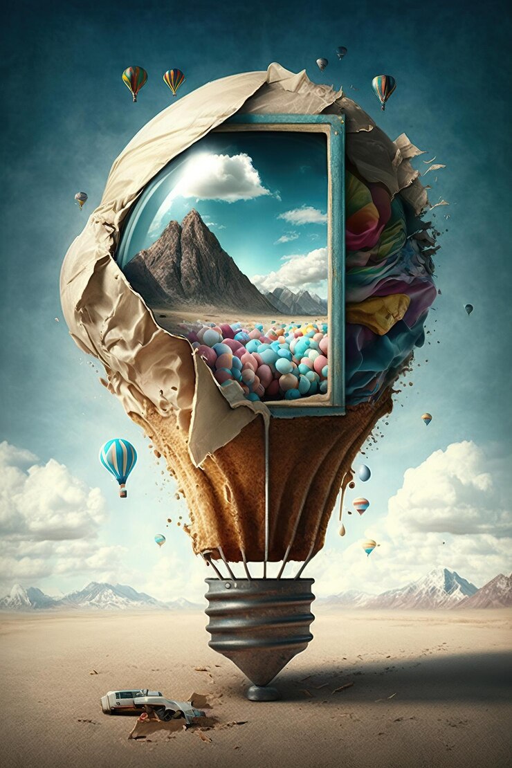 Photo illustration générée par ia remue-méninges idées créatives cadre photo ampoule et ballon à air chaud