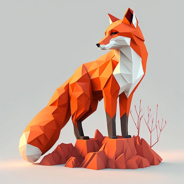 Illustration générée par l'IA d'un renard d'art 3D low poly rendu en gris sur un fond uni