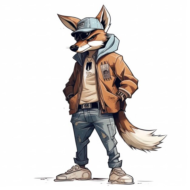 Photo illustration générée par ia d'un renard portant une veste en cuir élégante, des lunettes de soleil et des bottes