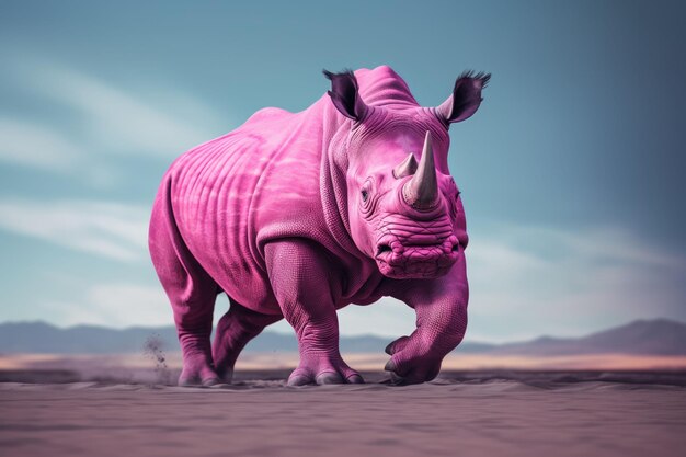 Une illustration générée par l'IA d'un rhinocéros rose se dresse majestueusement au sommet d'un terrain désertique poussiéreux