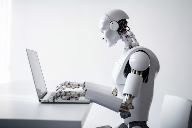 Une illustration générée par l'IA d'un robot blanc assis à un bureau, en train de taper sur un ordinateur portable
