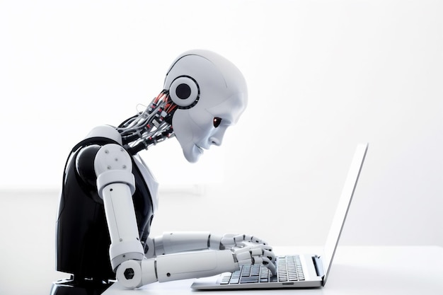 Une illustration générée par l'IA d'un robot industriel tapant sur un ordinateur portable, placé sur un bureau