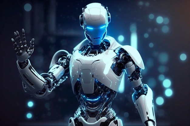 Illustration générée par l'IA d'un robot moderne blanc avec sa main levée