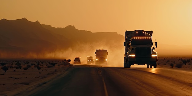 Photo illustration générée par l'ia d'une route avec des voitures au coucher du soleil