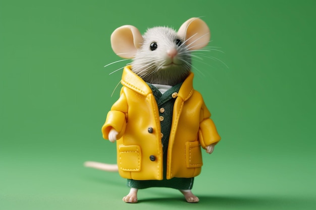 Illustration générée par IA d'une souris dans un manteau jaune sur fond vert